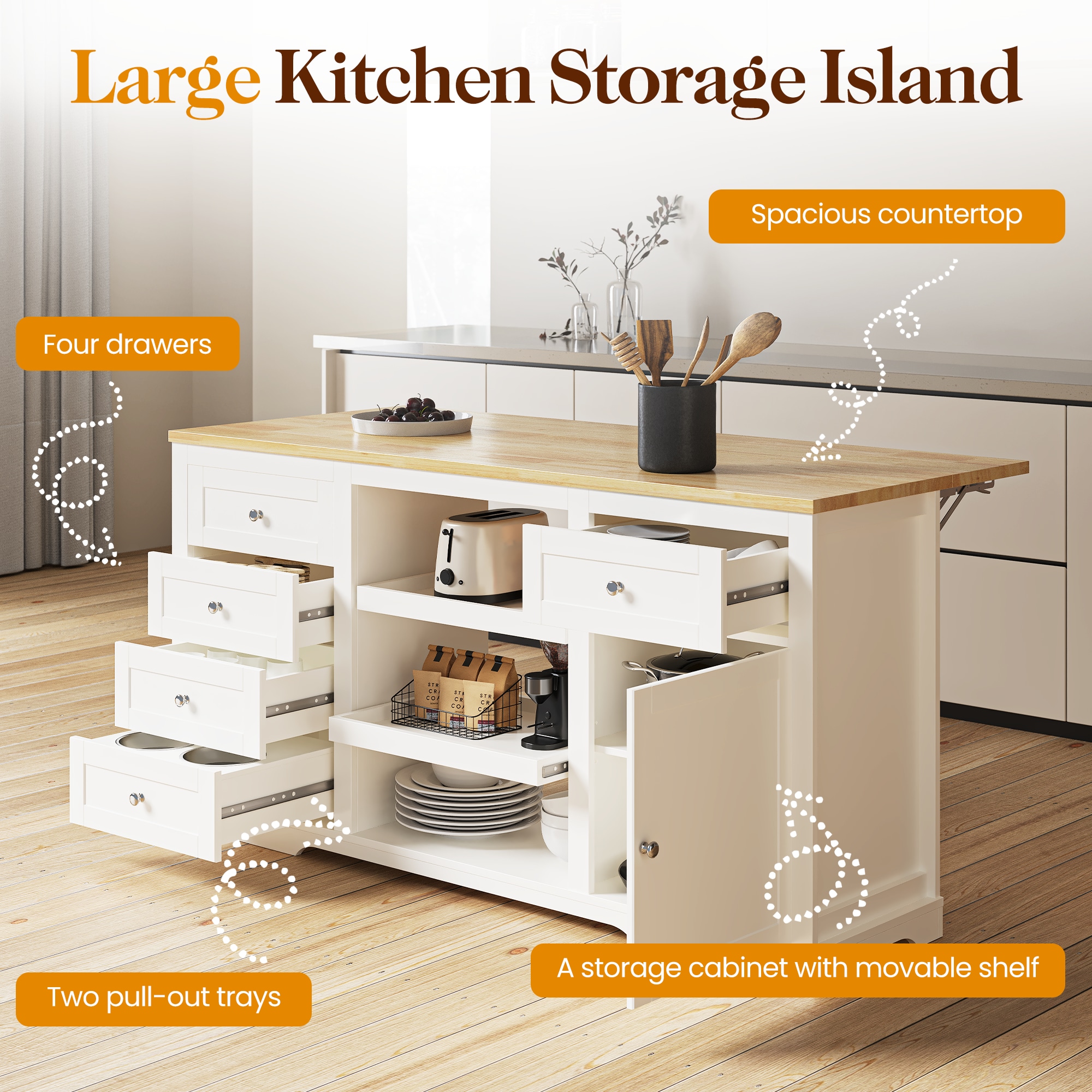 Kitchen Island With Storage Drop Leaf And Power Outlet White_voghion.com